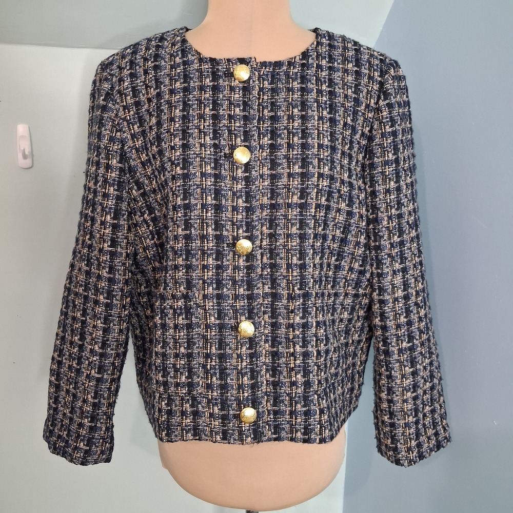 J.Crew Lady Jacket Navy Blue Tweed Gold Crest Button Blazer Size 14 Old Money